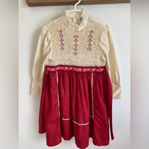 Vintage Cream and Red Smocked Dress